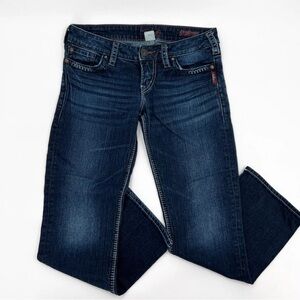 Silver Jeans Womens  30 Blue Flare Santoini Embroidered  Low Rise Cropped